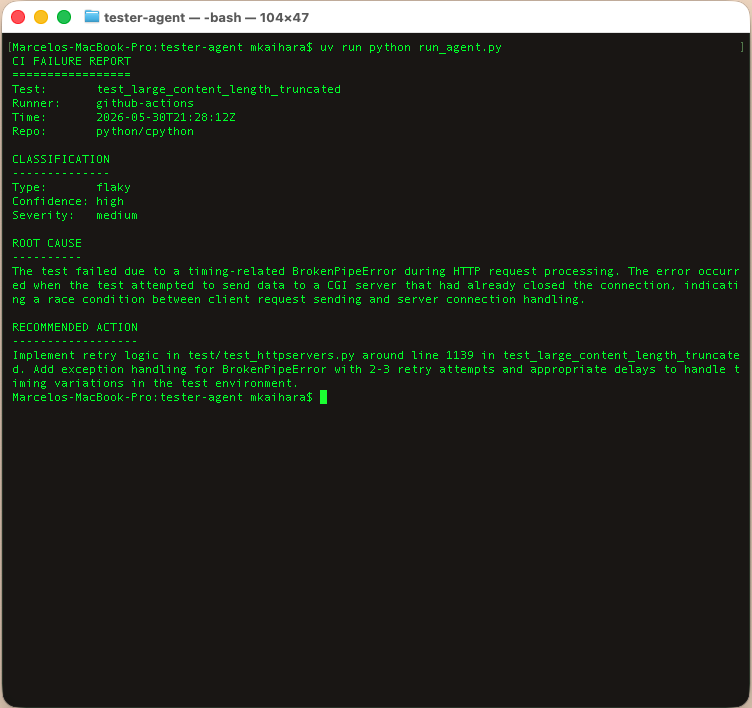 Tester agent report output — CI failure report for a flaky test