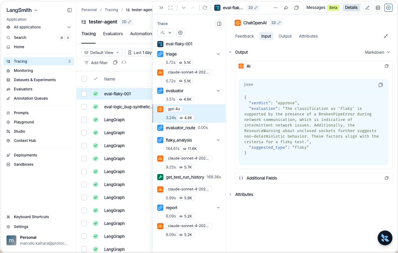 LangSmith trace — flaky analysis with get_test_run_history tool call